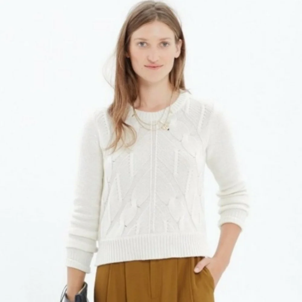 Madewell Women Cream Chevron Merino Knit Crop Long Sleeve Pullover Size S